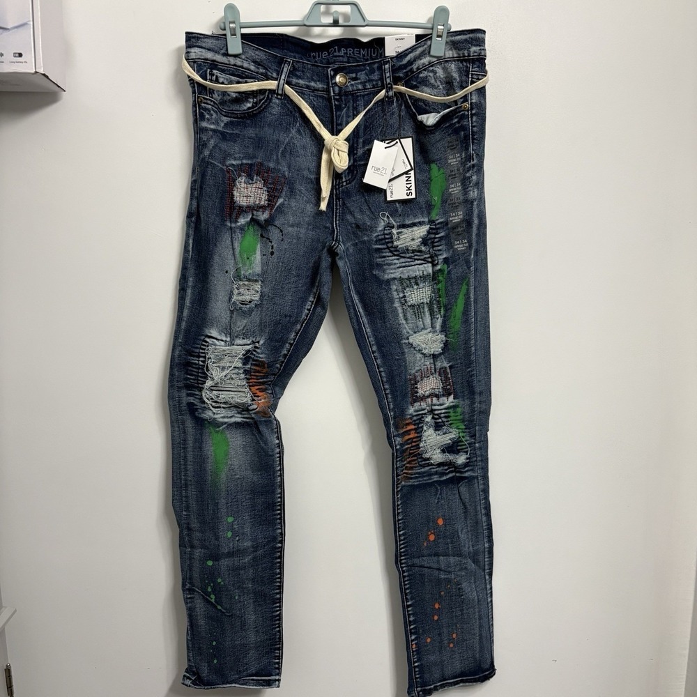 Rue21 Premium Men's 34X34 Jeans Blue Design Patch Distressed Skinny Fit Denim‎